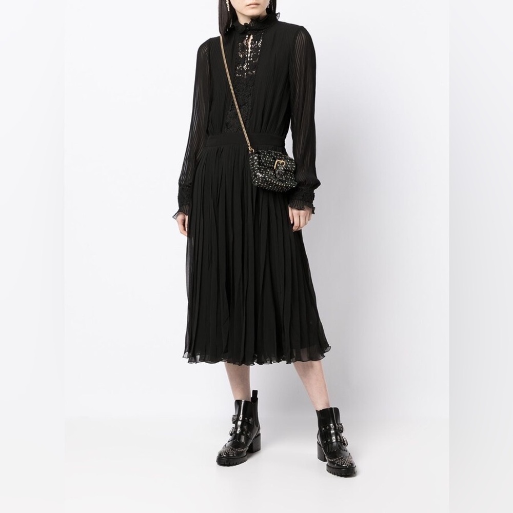 Polo Ralph Lauren Black Crepe Lace Trimmed Georgette Pleated High Neck Dress 4